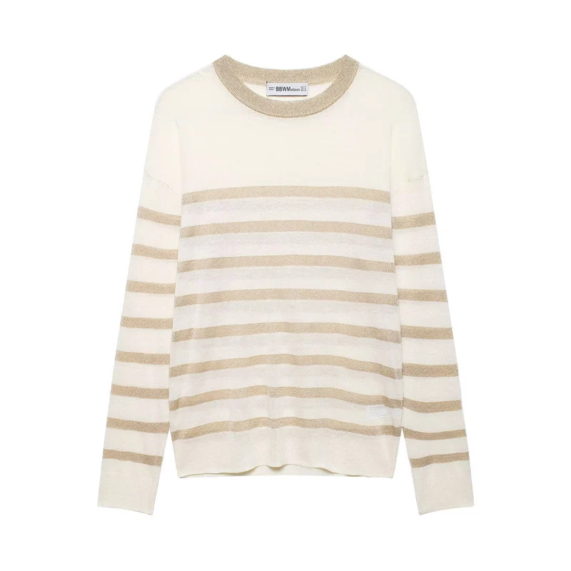 Damen Leichter gestreifter Feinstrickpullover mit Metallic‑Streifen und Rundhalsausschnitt Drune
