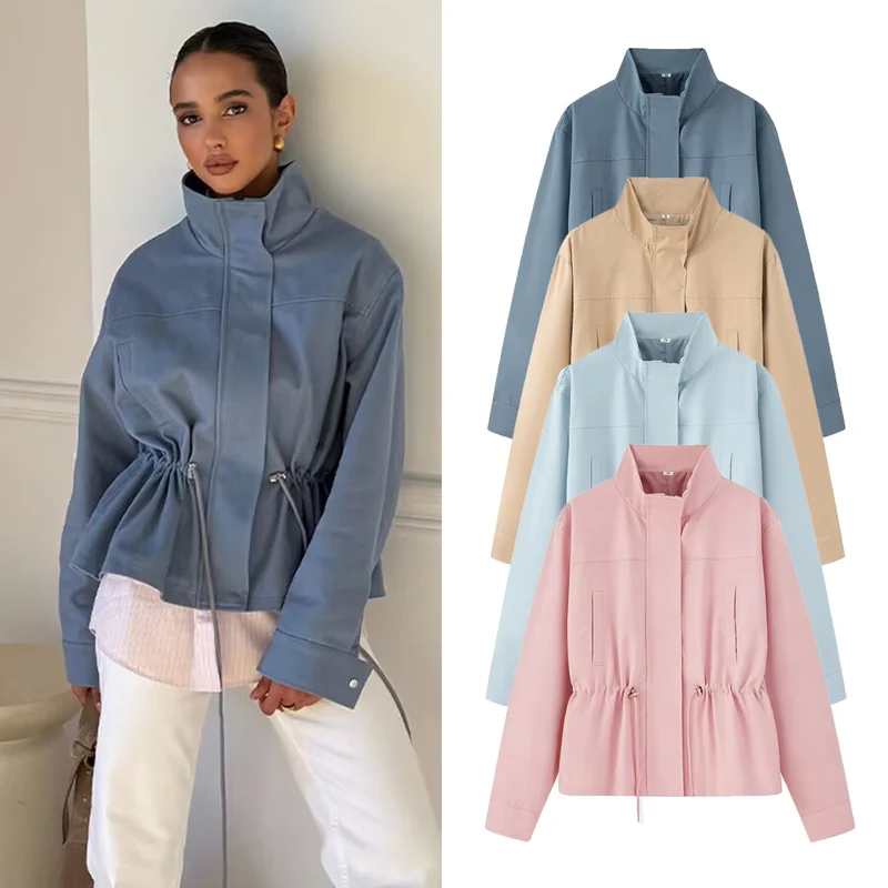 Damen Leichte Wind- und Regenjacke mit Tunnelzug-Taille und Stehkragen Drune