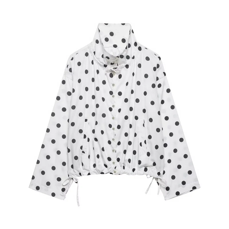 Damen Leichte Oversize-Polka-Dot Windjacke mit Stehkragen, Knopfleiste und Kordelzug Drune