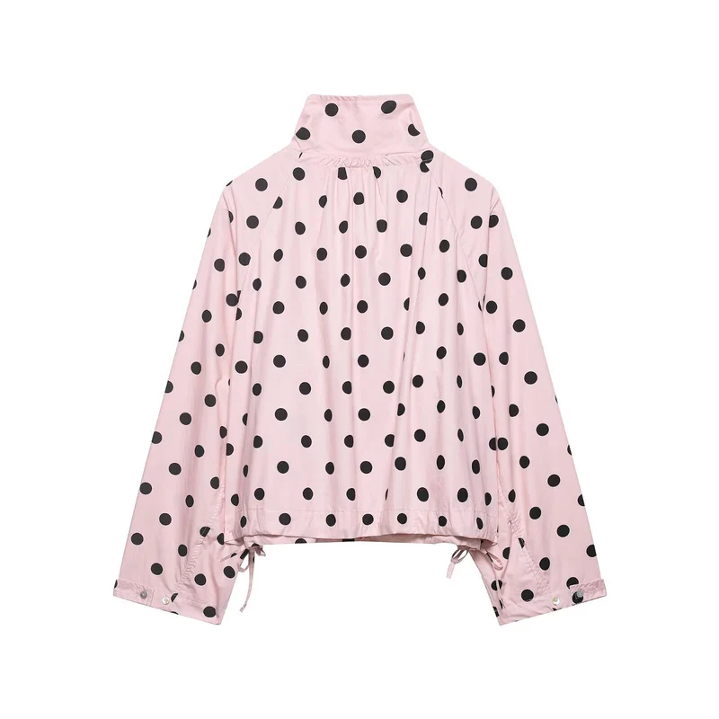 Damen Leichte Oversize-Polka-Dot Windjacke mit Stehkragen, Knopfleiste und Kordelzug Drune