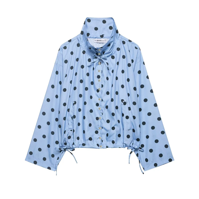 Damen Leichte Oversize-Polka-Dot Windjacke mit Stehkragen, Knopfleiste und Kordelzug Drune