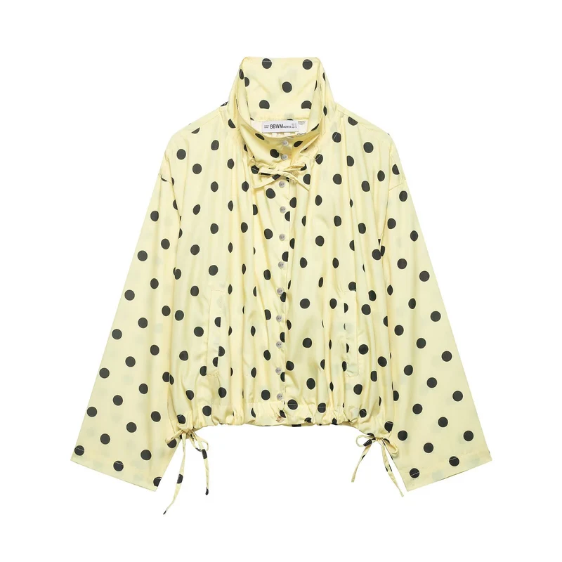 Damen Leichte Oversize-Polka-Dot Windjacke mit Stehkragen, Knopfleiste und Kordelzug Drune