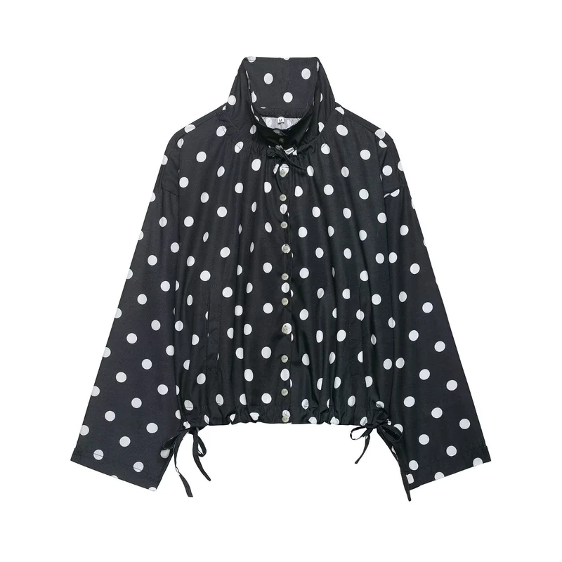 Damen Leichte Oversize-Polka-Dot Windjacke mit Stehkragen, Knopfleiste und Kordelzug Drune