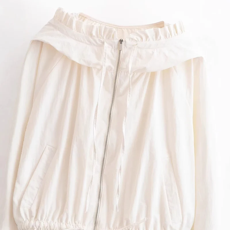 Damen Leichte Kapuzenjacke mit Rüschenkragen, Tunnelzug und elastischem Saum Drune