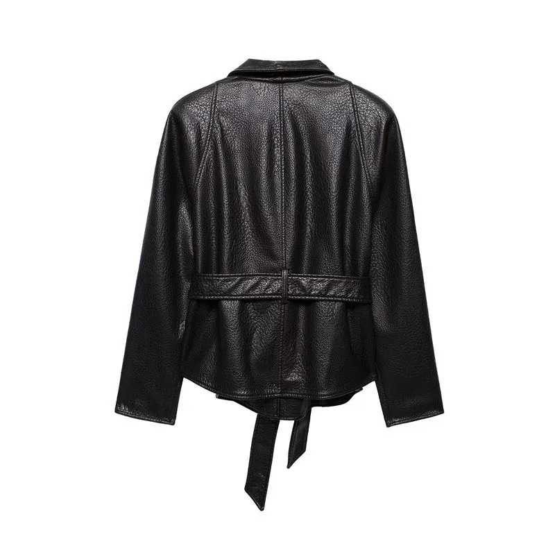 Damen Lederjacke in Lederoptik mit Bindegürtel und Schalkragen Drune
