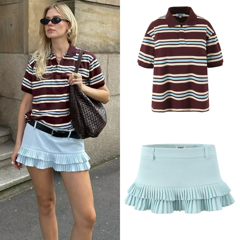 Damen Lässiges Langarm-Poloshirt mit Streifenmuster und Rippbündchen Drune