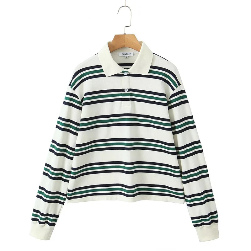 Damen Lässiges Langarm-Poloshirt mit Streifenmuster und Rippbündchen Drune