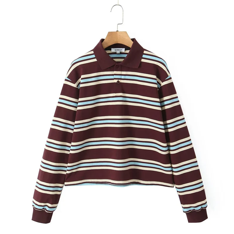 Damen Lässiges Langarm-Poloshirt mit Streifenmuster und Rippbündchen Drune