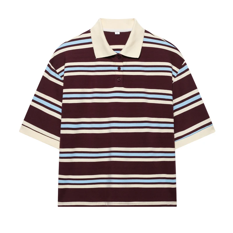 Damen Lässiges Langarm-Poloshirt mit Streifenmuster und Rippbündchen Drune