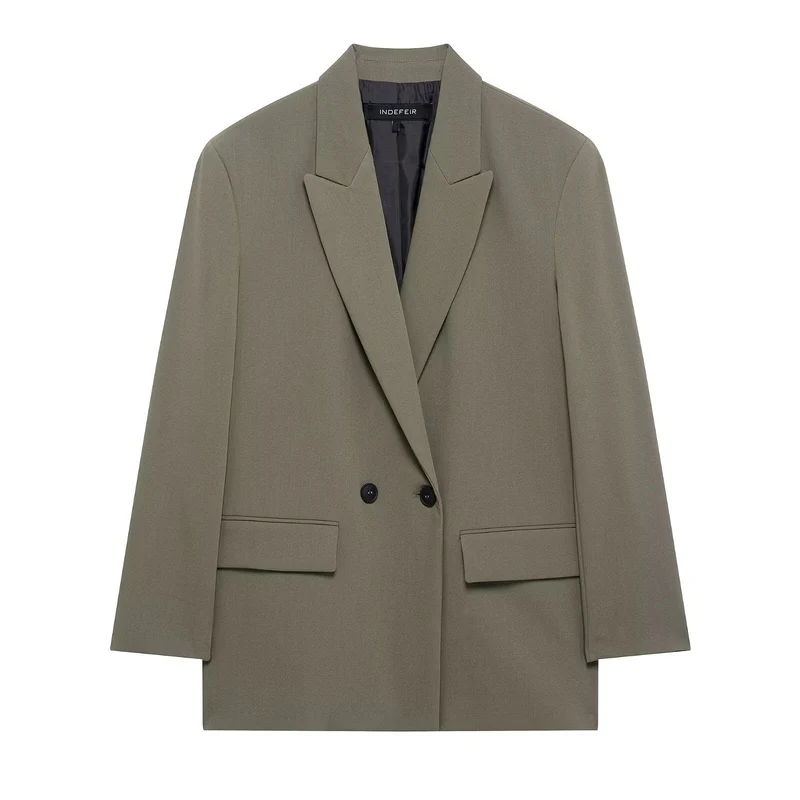 Damen Langer Zweireihiger Blazer-Mantel mit Oversize-Schnitt und Pattentaschen Drune