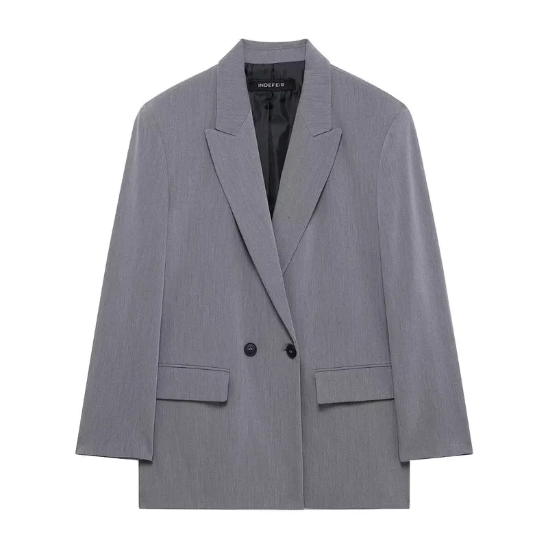 Damen Langer Zweireihiger Blazer-Mantel mit Oversize-Schnitt und Pattentaschen Drune