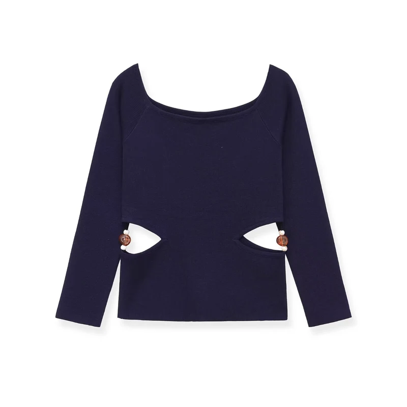 Damen Langarmshirt mit seitlichen Taillen-Aussparungen und Perlenbesatz Drune