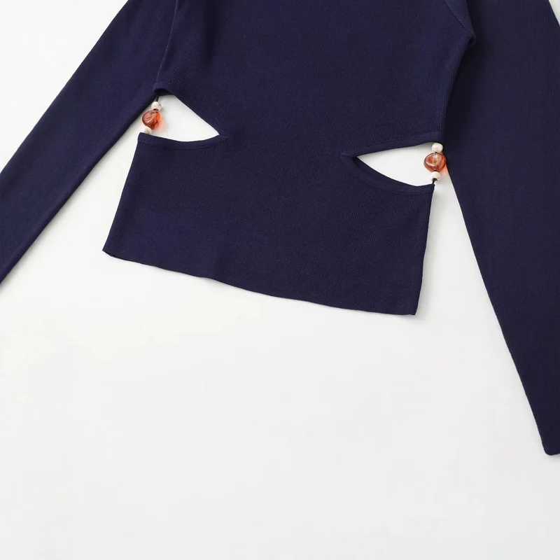 Damen Langarmshirt mit seitlichen Taillen-Aussparungen und Perlenbesatz Drune