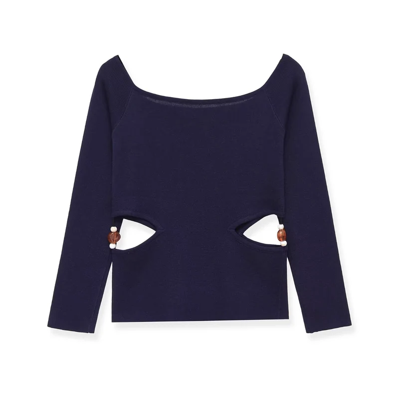 Damen Langarmshirt mit seitlichen Taillen-Aussparungen und Perlenbesatz Drune