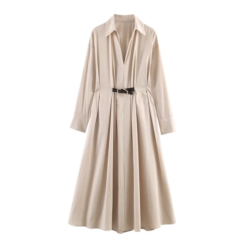 Damen Langärmeliges Hemdblusenkleid mit weitem Faltenrock und Taillengürtel Drune