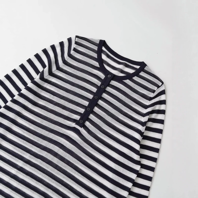 Damen Langarm-Shirt mit Knopfleiste und maritimen Streifen Drune