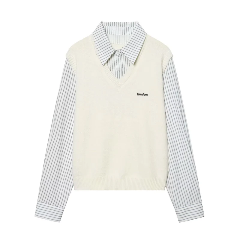 Damen Lagenlook-Hemd mit V-Ausschnitt Strickweste Drune