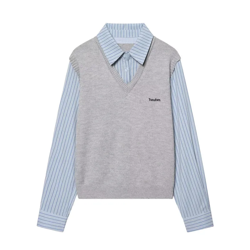 Damen Lagenlook-Hemd mit V-Ausschnitt Strickweste Drune