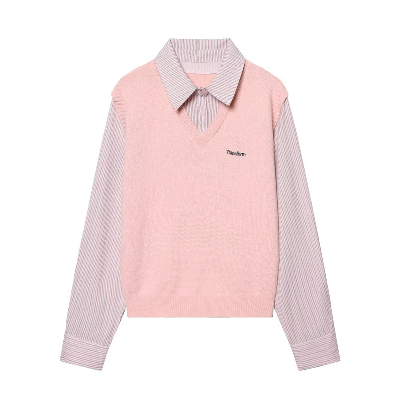 Damen Lagenlook-Hemd mit V-Ausschnitt Strickweste Drune