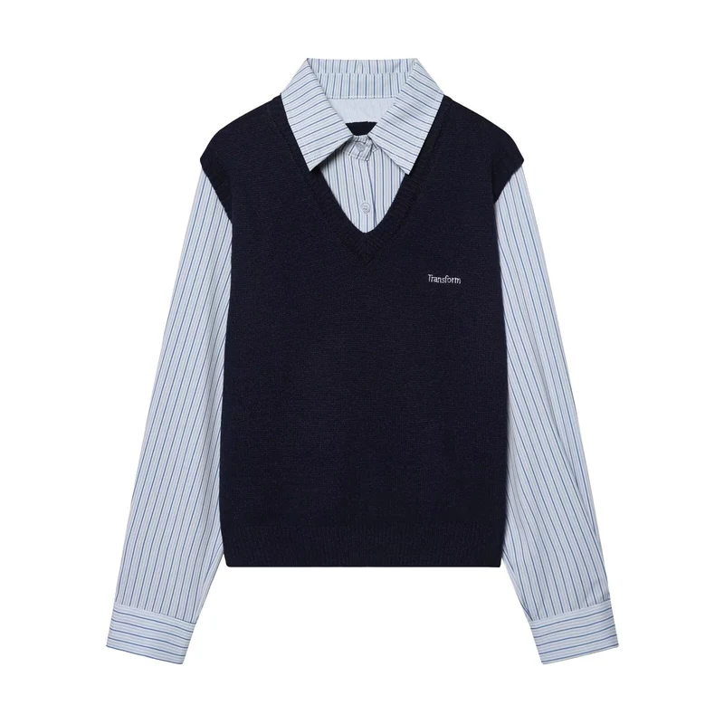 Damen Lagenlook-Hemd mit V-Ausschnitt Strickweste Drune