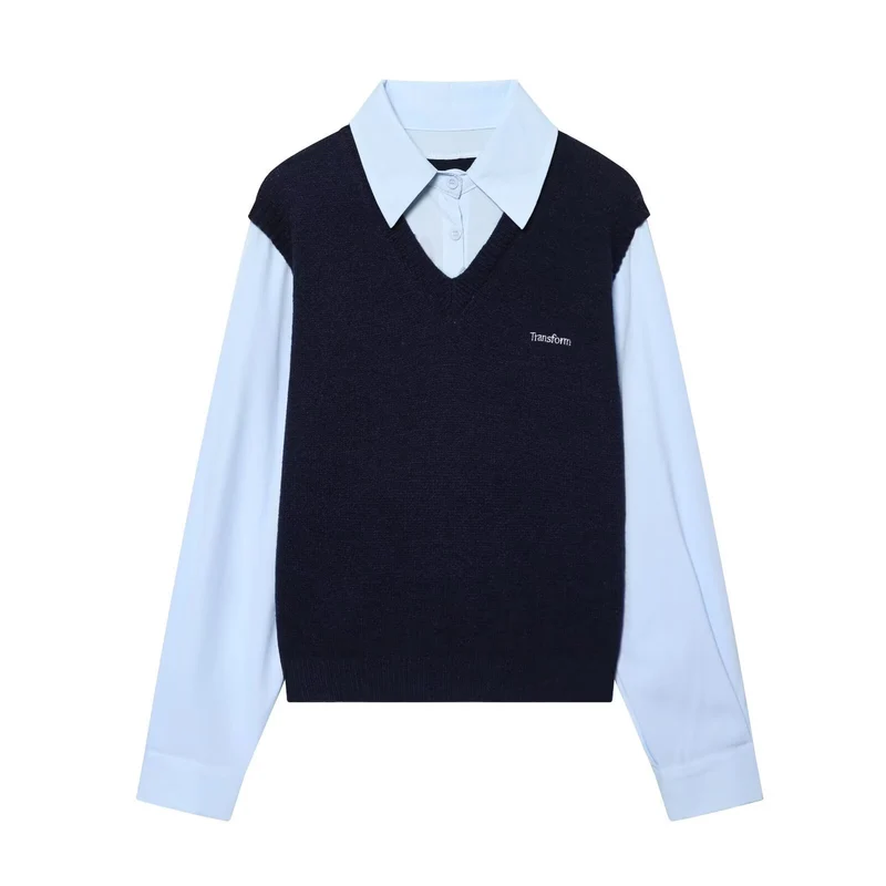 Damen Lagenlook-Hemd mit V-Ausschnitt Strickweste Drune