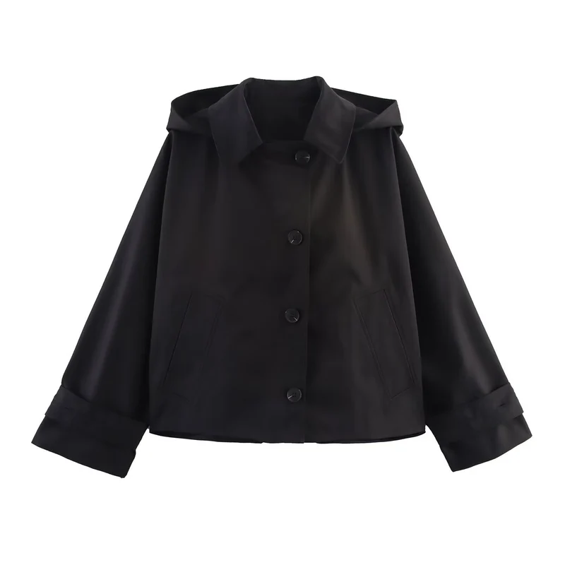 Damen Kurzjacke mit übergroßer Kapuze, kastiger Silhouette und Umschlagmanschetten Drune