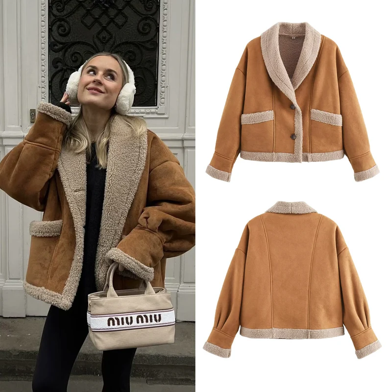 Damen Kurzjacke mit Teddy-Futter, Schalkragen und Oversize-Schnitt Drune