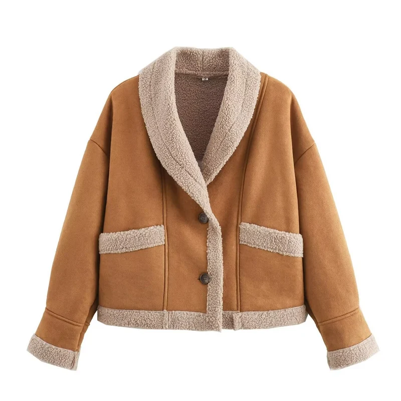 Damen Kurzjacke mit Teddy-Futter, Schalkragen und Oversize-Schnitt Drune