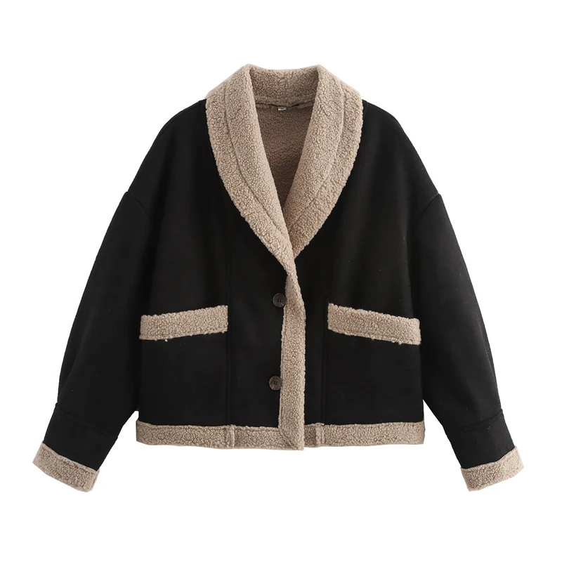 Damen Kurzjacke mit Teddy-Futter, Schalkragen und Oversize-Schnitt Drune