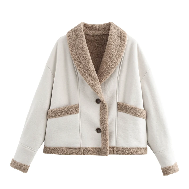 Damen Kurzjacke mit Teddy-Futter, Schalkragen und Oversize-Schnitt Drune