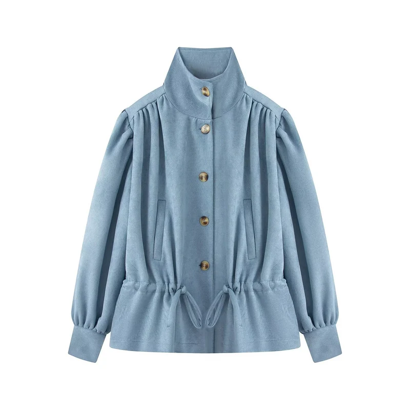 Damen Kurzjacke mit Stehkragen, Tunnelzug und Ballonärmeln Drune