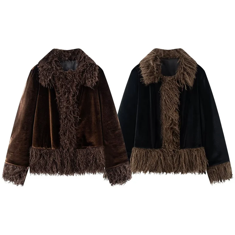 Damen Kurzjacke mit Faux‑Fellbesatz, Samtoptik und Fransenabschluss Drune
