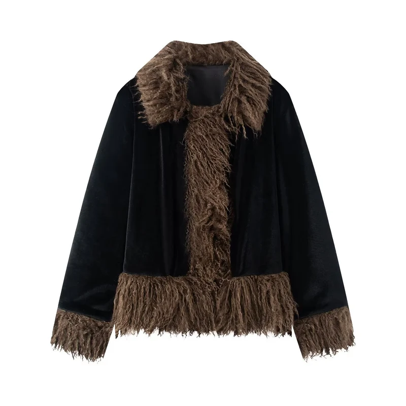 Damen Kurzjacke mit Faux‑Fellbesatz, Samtoptik und Fransenabschluss Drune