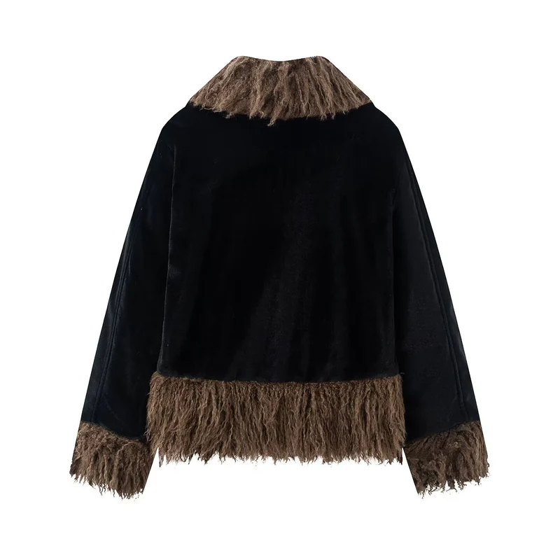 Damen Kurzjacke mit Faux‑Fellbesatz, Samtoptik und Fransenabschluss Drune