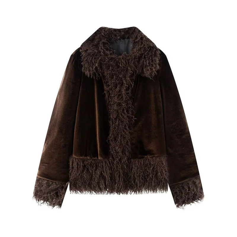 Damen Kurzjacke mit Faux‑Fellbesatz, Samtoptik und Fransenabschluss Drune