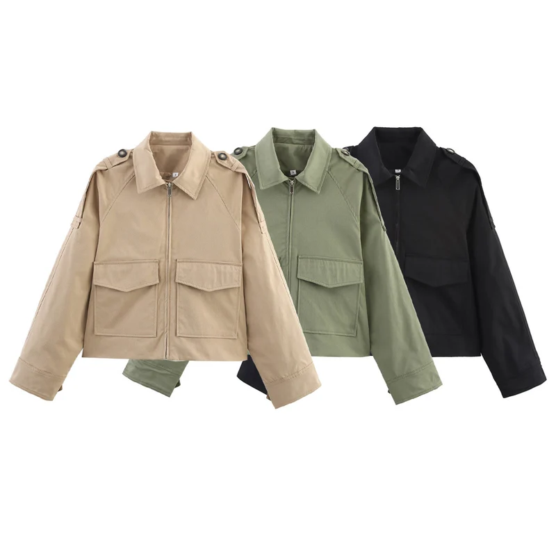 Damen Kurzjacke im Utility-Stil mit Reißverschluss, aufgesetzten Pattentaschen und Schulterklappen Drune