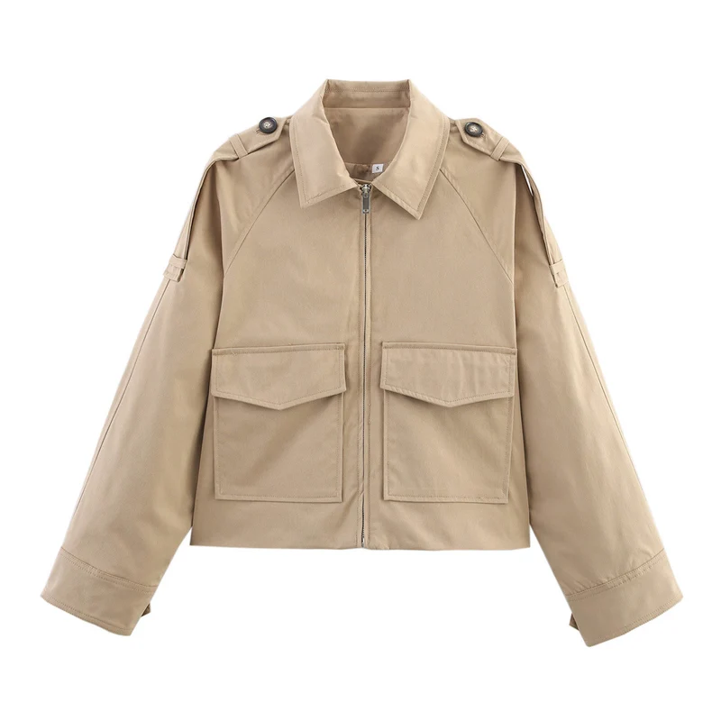 Damen Kurzjacke im Utility-Stil mit Reißverschluss, aufgesetzten Pattentaschen und Schulterklappen Drune