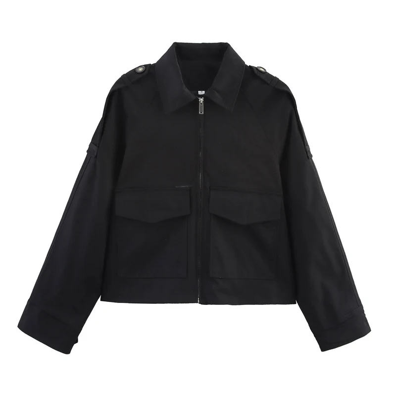 Damen Kurzjacke im Utility-Stil mit Reißverschluss, aufgesetzten Pattentaschen und Schulterklappen Drune