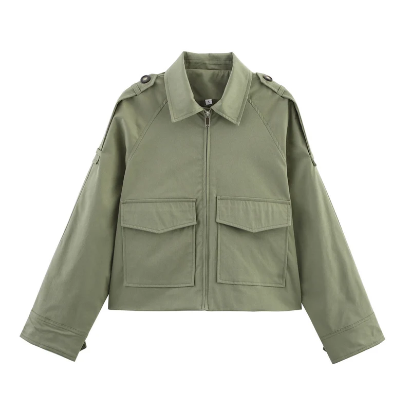 Damen Kurzjacke im Utility-Stil mit Reißverschluss, aufgesetzten Pattentaschen und Schulterklappen Drune