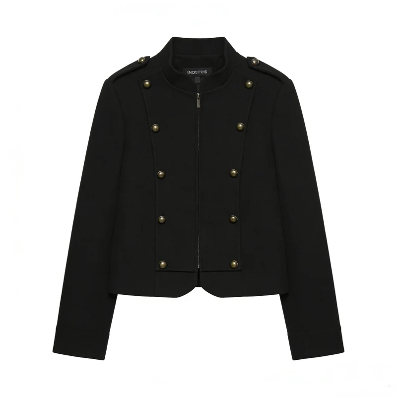 Damen Kurzjacke im Military-Stil mit Stehkragen, Zierknopfleiste und feinem Nadelstreifen Drune