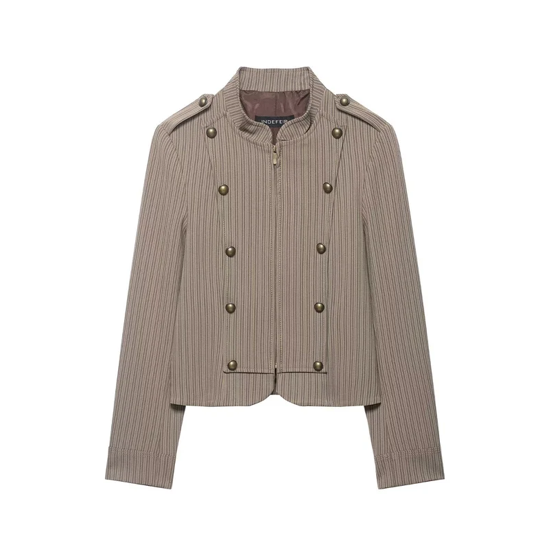 Damen Kurzjacke im Military-Stil mit Stehkragen, Zierknopfleiste und feinem Nadelstreifen Drune