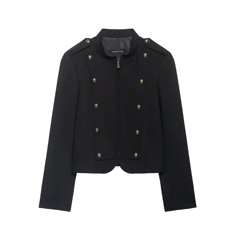 Damen Kurzjacke im Military-Stil mit Stehkragen, Zierknopfleiste und feinem Nadelstreifen Drune