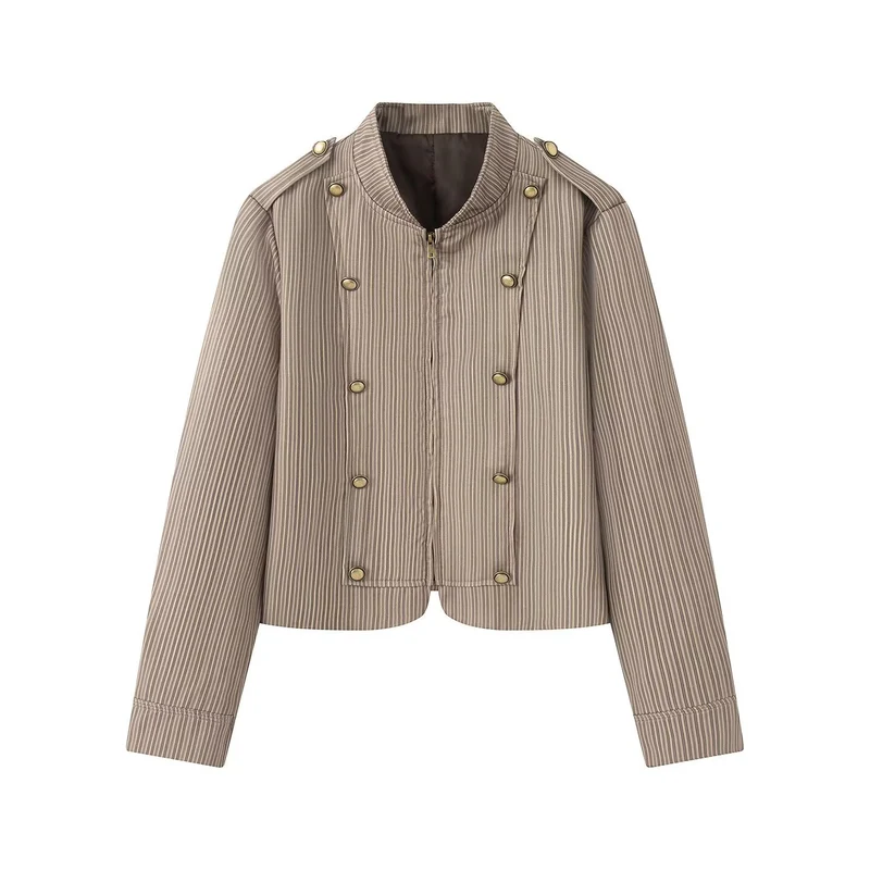 Damen Kurzjacke im Military-Stil mit Stehkragen und Zierknopfreihe Drune