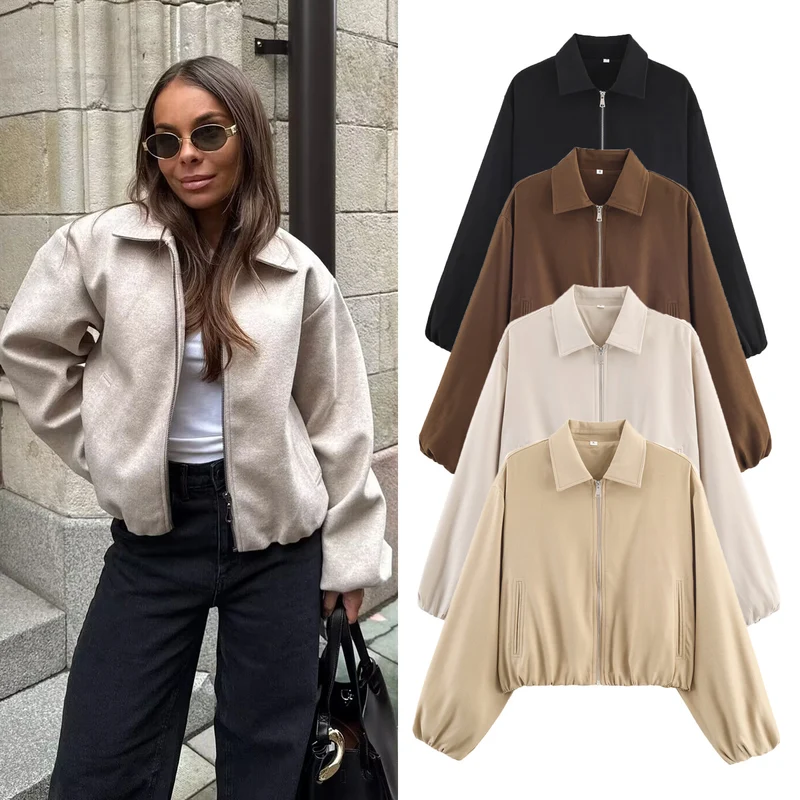 Damen Kurzjacke im Harrington‑Stil mit Polka‑Dot‑Muster, Ballonärmeln und elastischem Saum Drune