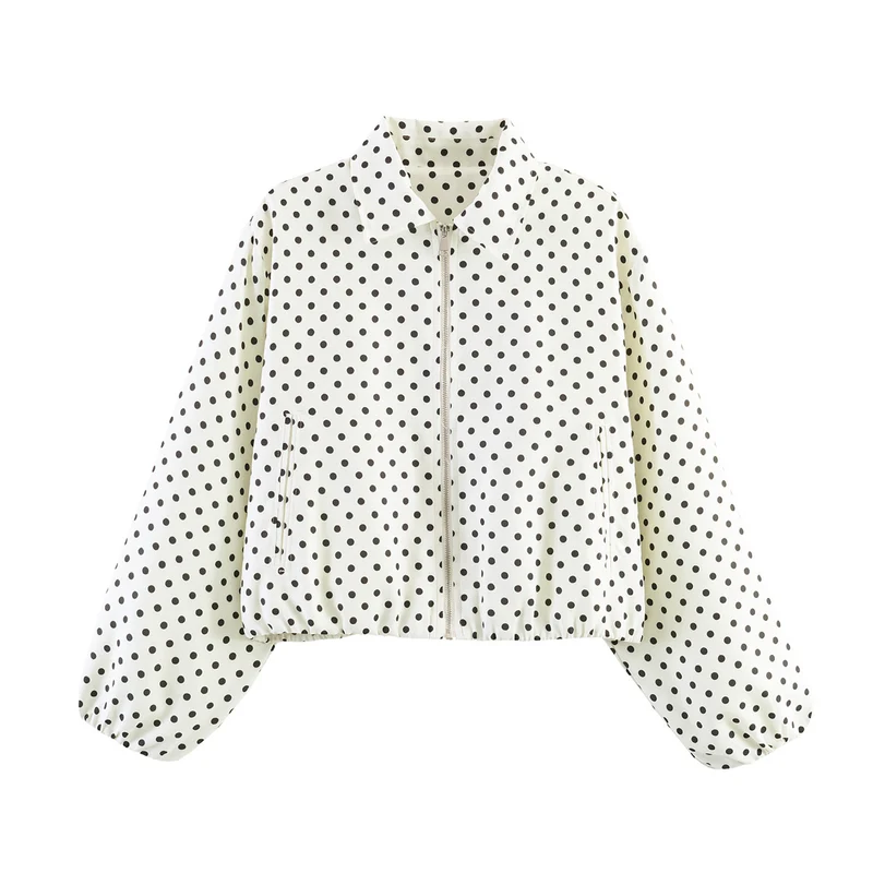 Damen Kurzjacke im Harrington‑Stil mit Polka‑Dot‑Muster, Ballonärmeln und elastischem Saum Drune