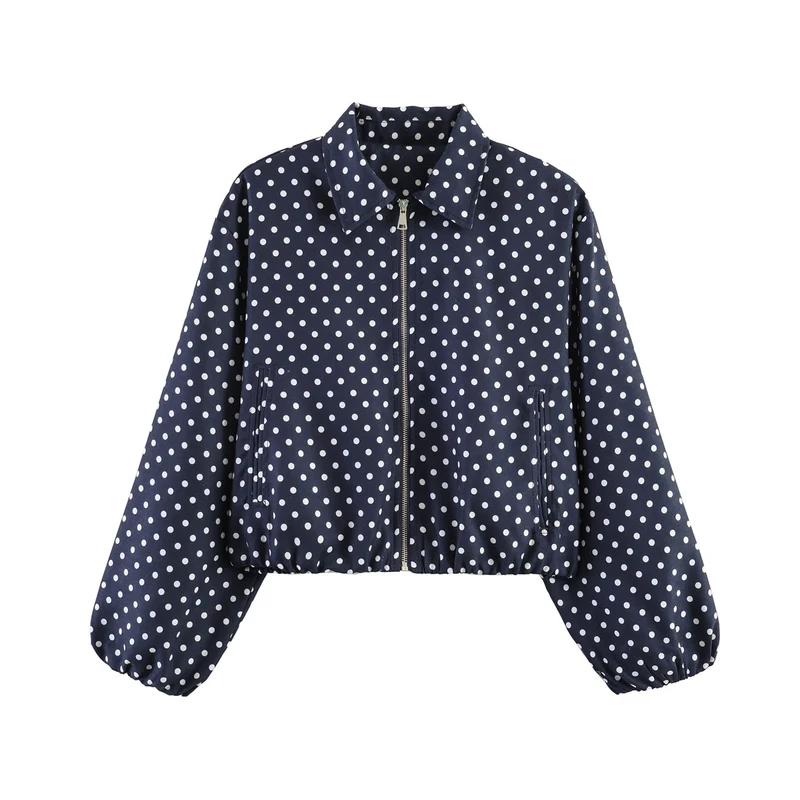 Damen Kurzjacke im Harrington‑Stil mit Polka‑Dot‑Muster, Ballonärmeln und elastischem Saum Drune