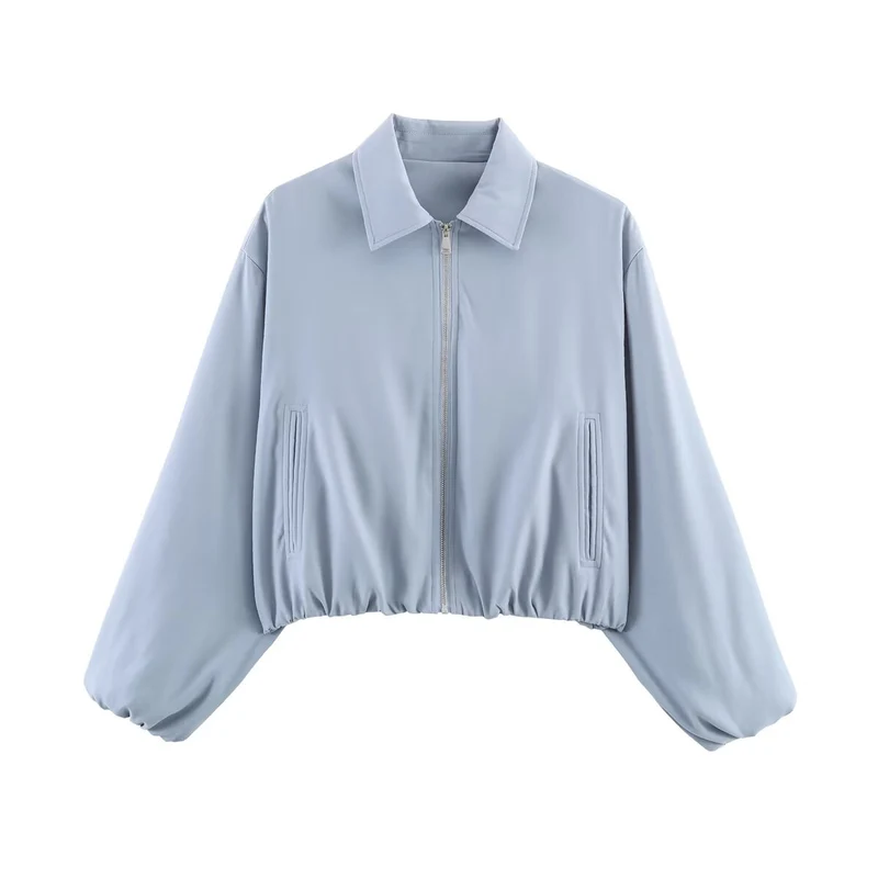 Damen Kurzjacke im Harrington‑Stil mit Polka‑Dot‑Muster, Ballonärmeln und elastischem Saum Drune