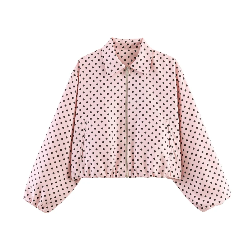 Damen Kurzjacke im Harrington‑Stil mit Polka‑Dot‑Muster, Ballonärmeln und elastischem Saum Drune