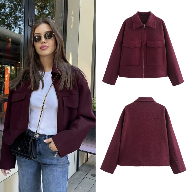 Damen Kurzjacke aus Wollmix mit großen Pattentaschen und durchgehendem Reißverschluss Drune