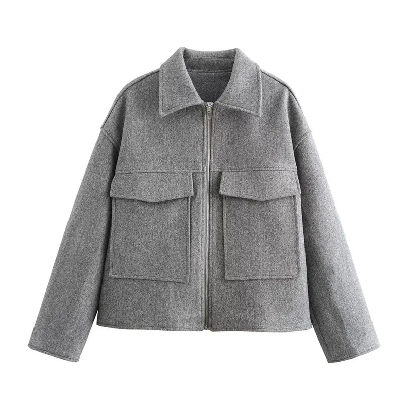 Damen Kurzjacke aus Wollmix mit großen Pattentaschen und durchgehendem Reißverschluss Drune